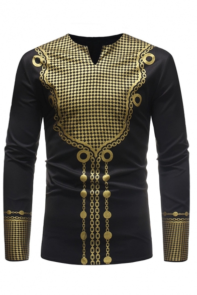 African Fashion Hot Stamping Print Long Sleeve Slim Fit Tribal Style T-Shirt for Men