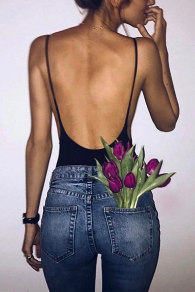 

Black Hot Unique Sleeveless Open Back Cutton Fitted Bodysuit for Girls, LM572221