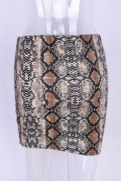 Brown Dressy Fashion High Waisted Snake Pattern Zip Side Petite Skirt for Ladies