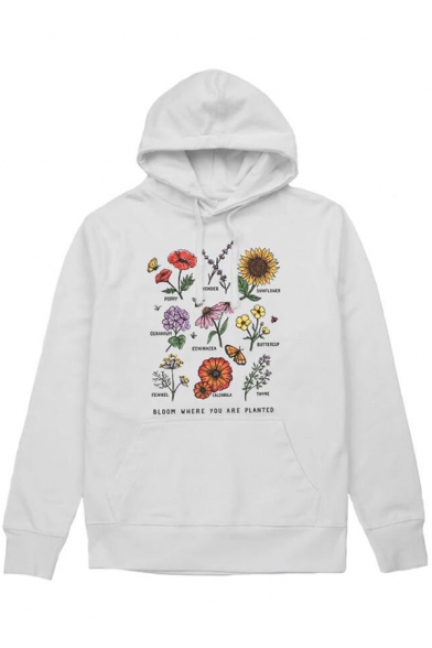 Chic Floral BLOOM WHERE YOU ARE PLANTED Print Long Sleeve White Graphic Pullover Hoodie