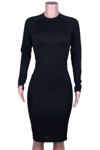 Classy Elegant Ladies' Long Sleeve Crew Neck Hollow Out Twisted Back Knit Plain Mid Banquet Bodycon Dress