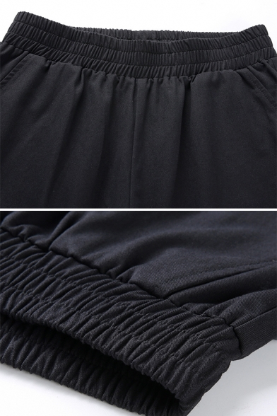 Cool Hip Hop Girls Elastic Waist Utility Buckle Detail Cuffed Relaxed Cargo Pants in Black