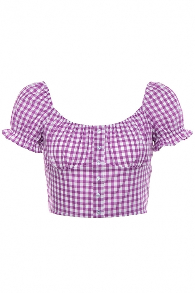 Cute Girls' Puff Sleeve Square Neck Plaid Pattern Button Down Ruched Back Stringy Selvedge Slim Crop T Shirt