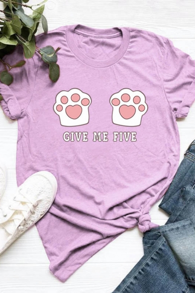 Cute Letter GIVE ME FIVE Cat Claws Print Rolled Short Sleeve Oversized T-Shirt