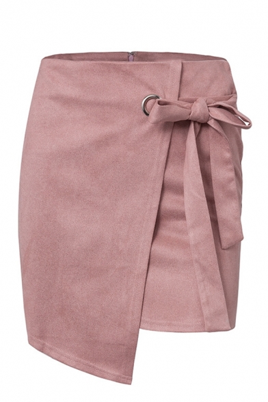 Dainty Ladies' High Waist Bow-Tied Asymmetric Corduroy Bodycon Wrap Micro Skirt in Pink