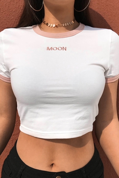 Edgy Looks Short Sleeve Crew Neck Letter MOON Print Contrast Pipe White Slim Fit Crop Tee for Girls