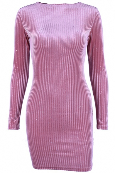 Edgy Womens Simple Striped Print Long Sleeve Plain Pink Mini Velvet Bodycon Dress for Party