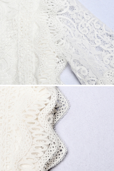 Elegant Long Sleeve Mock Neck Floral Embroidered Scalloped Sheer Lace Zip Back Slim Fit White Crop Top for Girls
