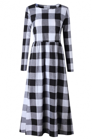 Fashion Girls' Long Sleeve Crew Neck Plaid Patterned Maxi Pleated Swing Dress in Black