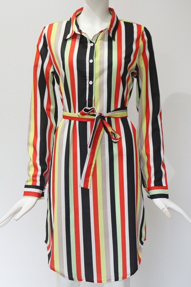 Fashion Ladies' Long Sleeve Lapel Collar Stripe Print Bow-Tie Waist Button Down Slit Side Asymmetric Shift Short Shirt Dress