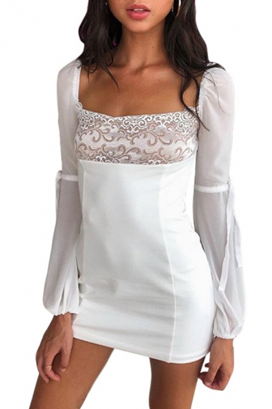 Female Elegant Lace Floral Printed Square Neck Tied Long Sleeve White Fitted Party Mini Dress