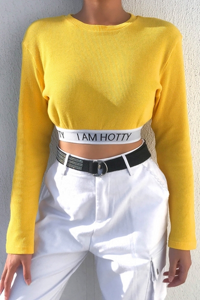 

Female Fancy Casual Long Sleeve Crew Neck I AM HOTTY Letter Knit Fitted Yellow Crop Tee, LM571284