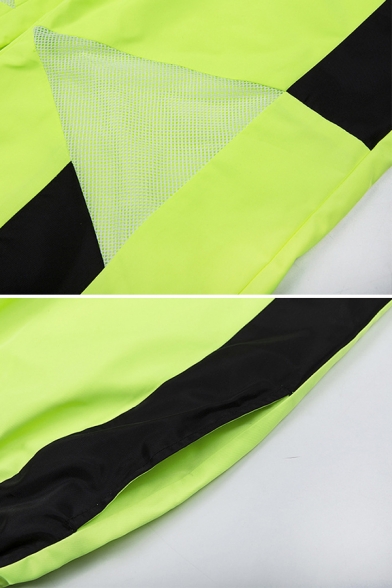 Female Sport Street Elastic Waist Contrasted Sheer Mesh Patched Cuffed Relaxed Fit Trousers in Neon Green