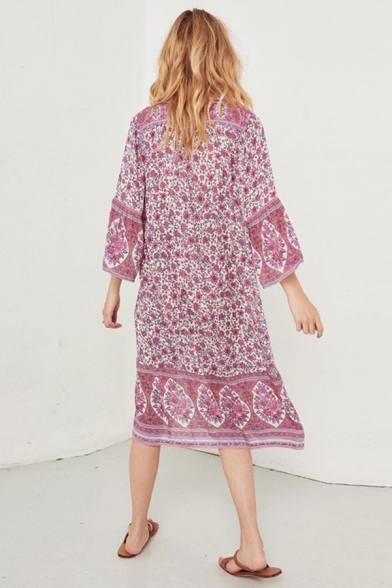 Female Vintage Ethnic Bell Sleeve Lapel Collar Floral Print Button Down Oversize Midi Boho Dress in Pink