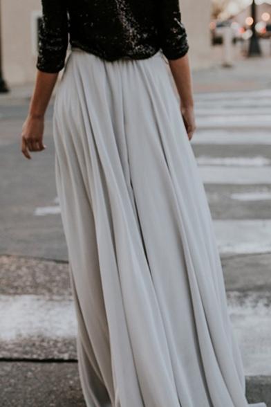 Formal Pretty Ladies' High Waist Pleated Maxi A-Line Skirt in Silver