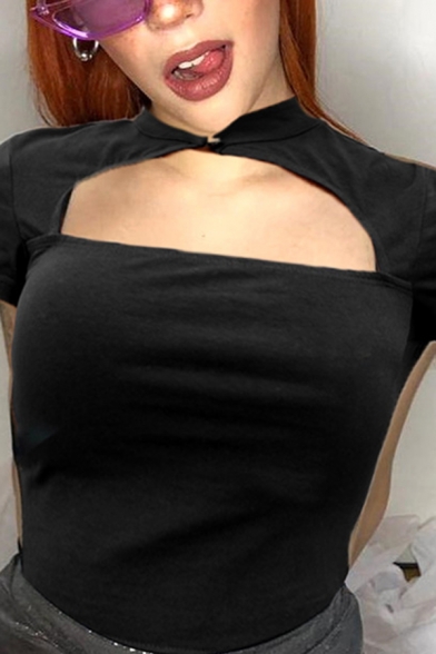 Girls' Edgy Look Short Sleeve Band Collar Cut Out Slim Fit Black Crop T Shirt for Party