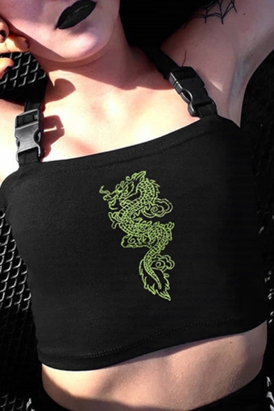 Girls Gothic Street Sleeveless Buckle Strap Cut Out Back Dragon Print Black Slim Crop Tank Top