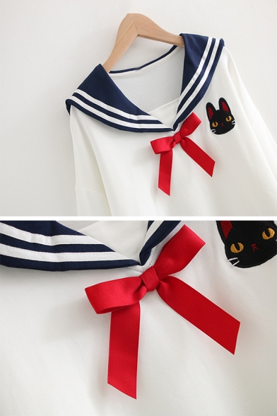 Girls Leisure Embroidery Black Cat Print Sailor Collar Bow Front Long Sleeve Loose Sweatshirt