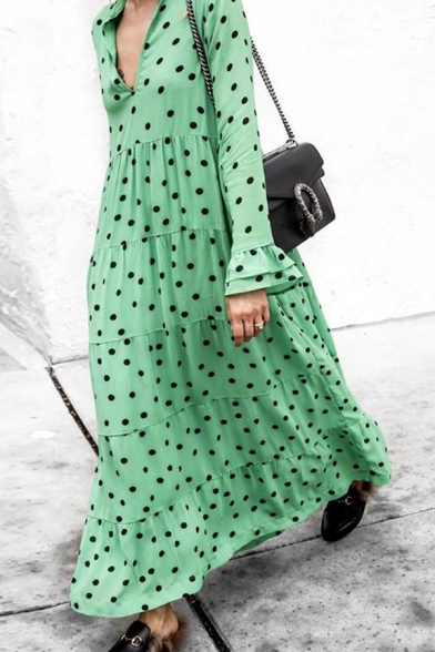 Green Casual Long Sleeve Deep V-Neck Polka Dot Ruffled Trim Maxi Swing Dress for Women