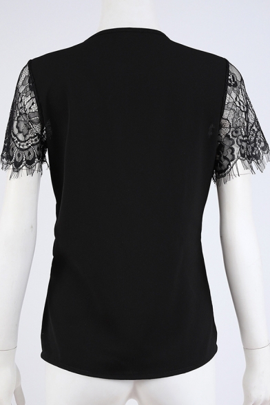 Plain Lace Patched Short Sleeve Scalloped Trim V-Neck Loose Shirt Top for Women