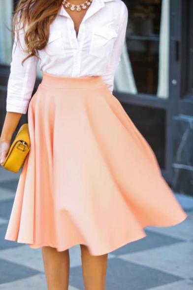 Ladies' Trendy Elegant High Waist Pleated Midi Flared A-Line Skirt in Pink