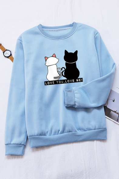 LOVE YOU LOVE ME Letter Two Cats Printed Long Sleeve Casual Pullover Sweatshirt