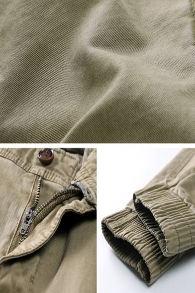 Male Popular Solid Color Khaki Zip Front Side Pocket Casual Thick Cargo Pocket
