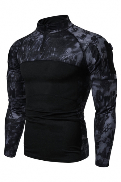 Mens Active Camouflage Patched Long Sleeve Zip Placket Slim Outdoor Fitness T-Shirt