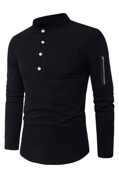 Mens Casual Solid Color Zipper Pocket Long Sleeve Button Placket Fitted Shirt