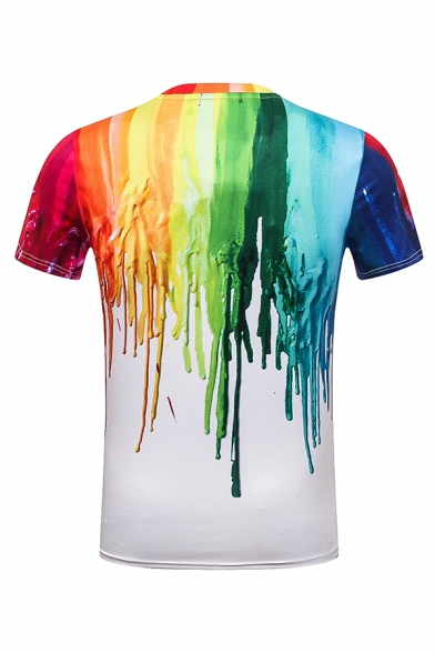 Mens Chic Rainbow Dripping Paint 3D Print Short Sleeve Slim Fit White T-Shirt
