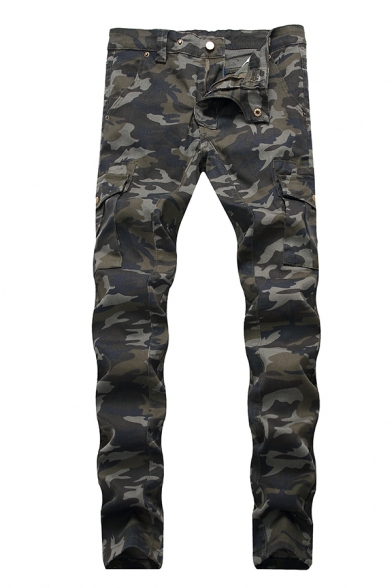 Mens Classic Camouflage Pattern Zip Placket Flap Pocket Slim Fit Military Jeans