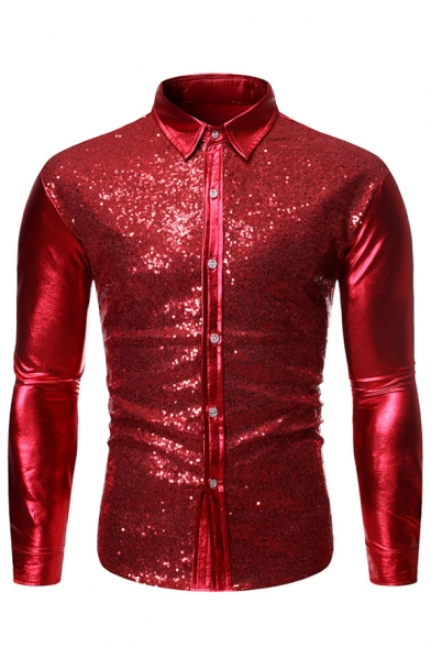 Mens Disco Popular Solid Color Metallic Sequin Panel Long Sleeve Slim Fit Button-Up Shirt