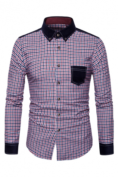 Mens Leisure Red and Blue Plaid Print Color Block Patched Pocket Long Sleeve Button Up Shirt