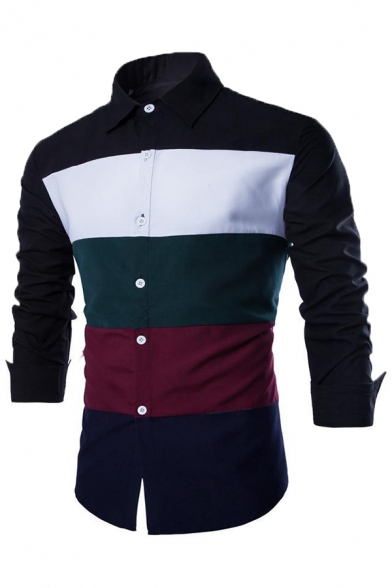 Mens New Stylish Color Block Spliced Single Breasted Long Sleeve Fitted Shirt