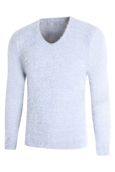 Mens Plain Casual V-Neck Eyelash Knit Long Sleeve Slim Fit Soft Pullover Sweater