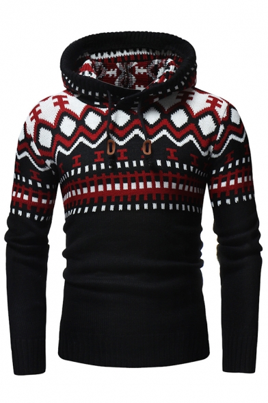 Mens Retro Geometric Fair Isle Hooded Sweater Knitwear Drawstring Hoodie