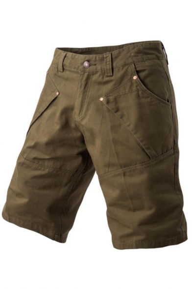 Mens Simple Zipper Fly Mid-Waist Solid Color Cargo Shorts with Pocket