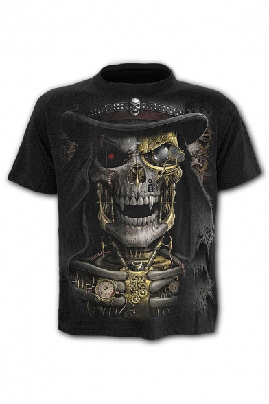 Mens Stylish Robot Skull Scythe Pattern Short Sleeved Crew Neck Black Leisure T-Shirt