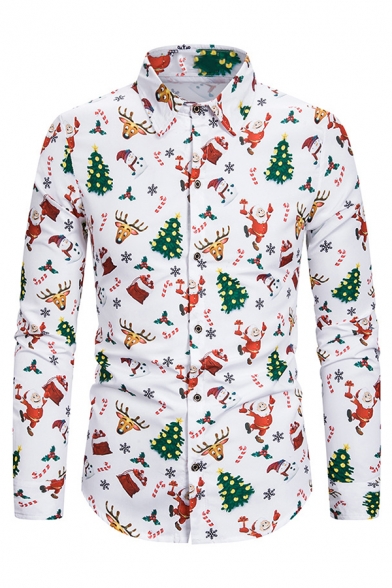 Mens Trendy Christmas Elements Printed Turn-Down Collar Single Breasted White Shirt