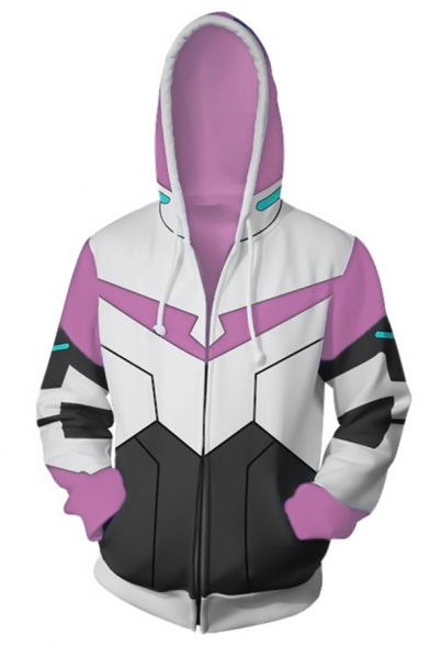 New Arrival Colorblocked Geometric Printed Zip Up Cosplay Sports Hoodie in White