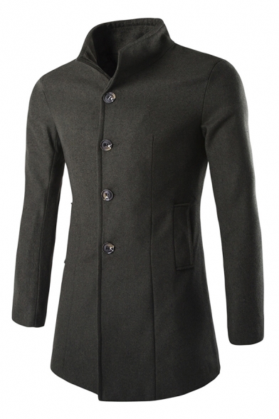 New Simple High Collar Long Sleeve Button Up Plain Tunic Wool Coat for Men