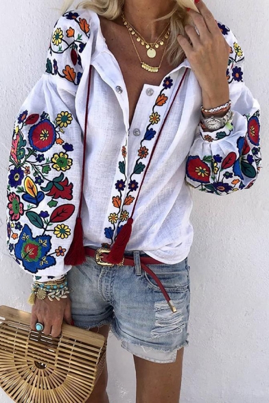 New Trendy White Cartoon Flowers Printed Lantern Sleeve Button Down Casual Holiday Shirt