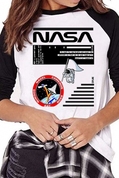 Popular NASA Letter Astronaut Print Raglan 3/4 Length Sleeve Crew Neck Graphic T-Shirt