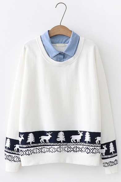 Preppy Chic Patched Collar Long Sleeves Christmas Tree and Elk Pattern Oversided Sweatshirt