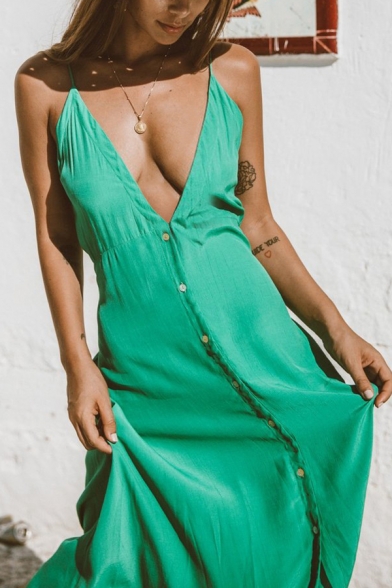 Pretty Fashion Sleeveless Deep V-Neck Button Down Split Front Open Back Plain Long A-Line Beach Cami Dress for Girls