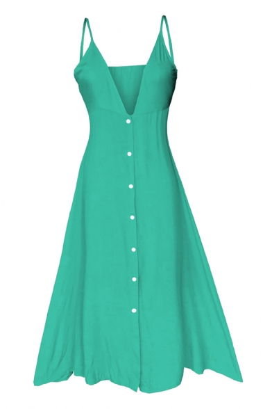 Pretty Fashion Sleeveless Deep V-Neck Button Down Split Front Open Back Plain Long A-Line Beach Cami Dress for Girls