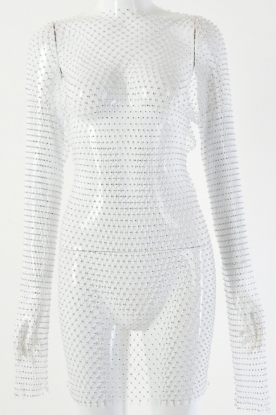 Sexy Plain Long Sleeve Rhinestone Embellished Fishnet Mini Bodycon Dress Beach Cover Up