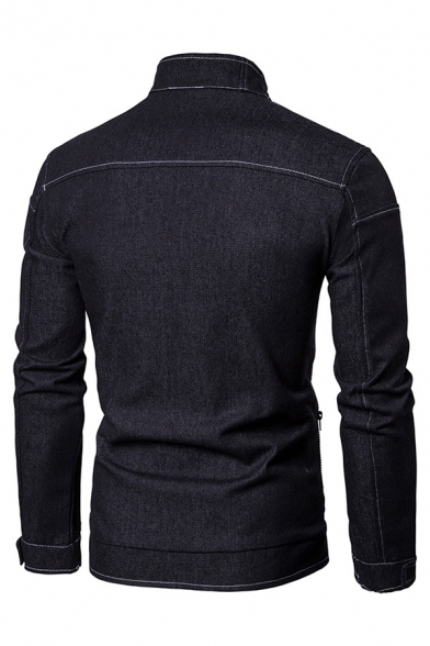 Simple Plain Drawstring High Collar Long Sleeve Zip Up Slim Fit Casual Denim Jacket with Flap Pocket