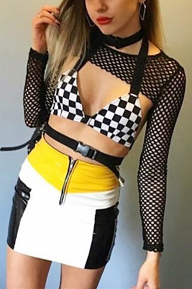 Street Dark Sleeveless Halter Checkered Print Buckle Strap Hollow Out Back Fitted Black Crop Bustier for Girls