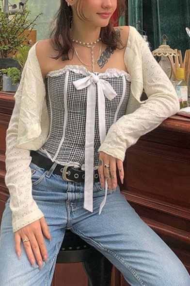 Summer Cute Women's Sleeveless Bow-Tie Check Print Stringy Selvedge Contrast Ruched Slim Tube Top